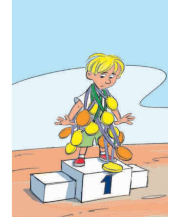 Dessin: un enfant sur la première marche du podium bardé de médailles